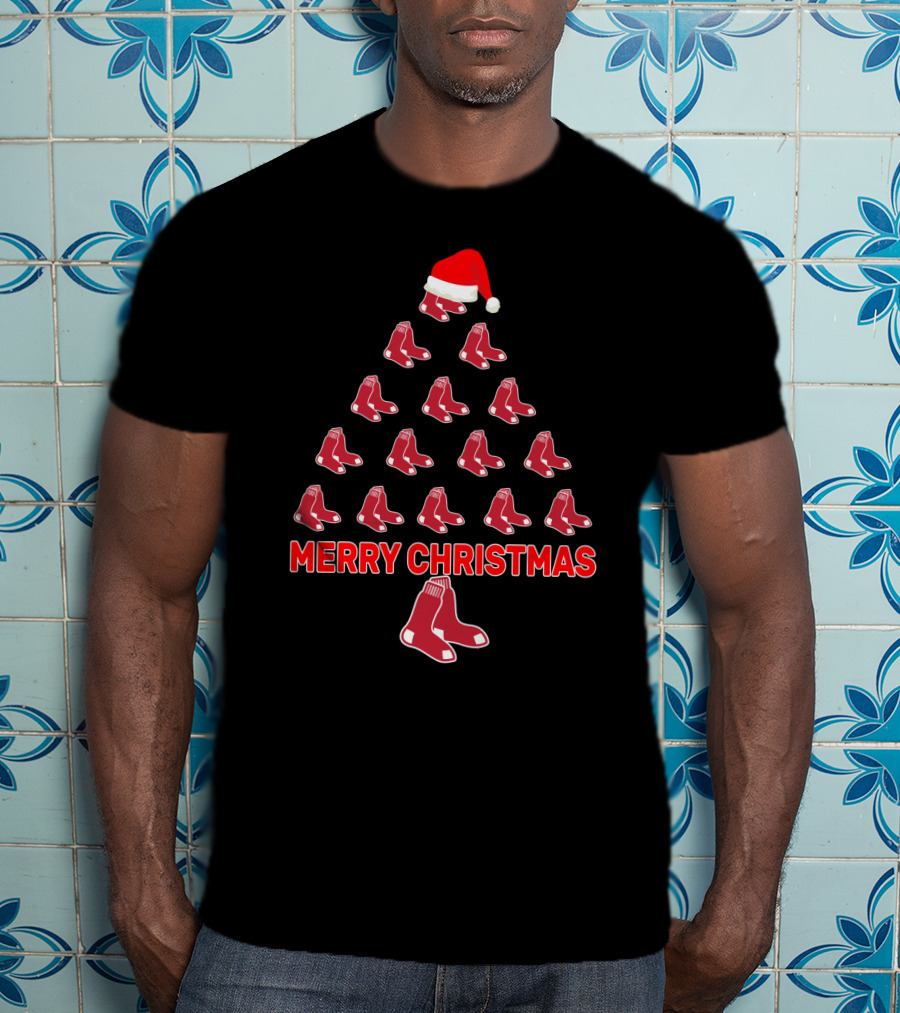 Merry Christmas Red Sox Fans Christmas Tree With Santa Hat T-Shirt