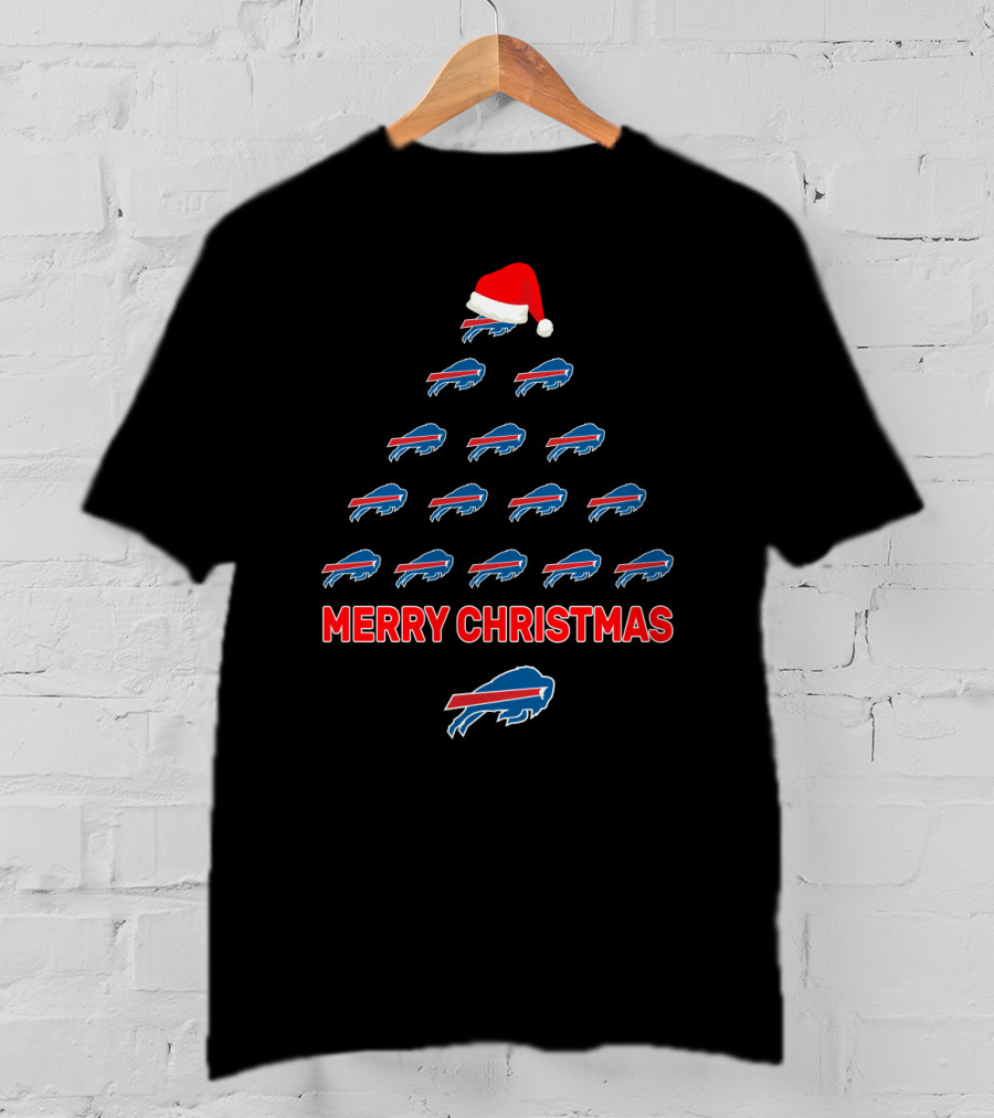 Buffalo Bills Merry Christmas Tree With Santa Hat Formation T-Shirt