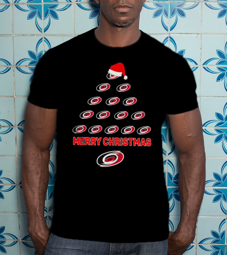 Carolina Hurricanes Merry Christmas Tree With Santa Hat T-Shirt