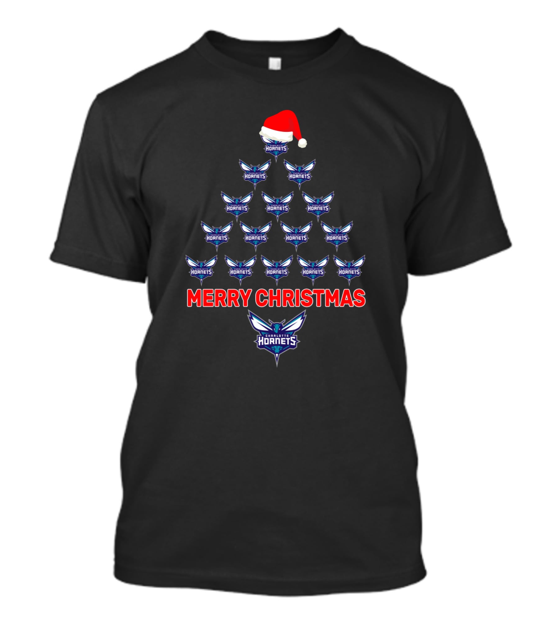 Charlotte Hornets Merry Christmas Tree With Santa Hat T-Shirt