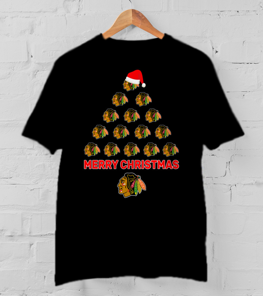 Merry Christmas Tree With Chicago Blackhawks Logos And Santa Hat T-Shirt