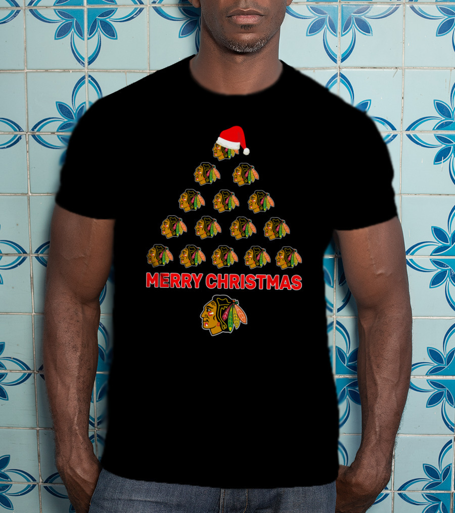 Merry Christmas Tree With Chicago Blackhawks Logos And Santa Hat T-Shirt