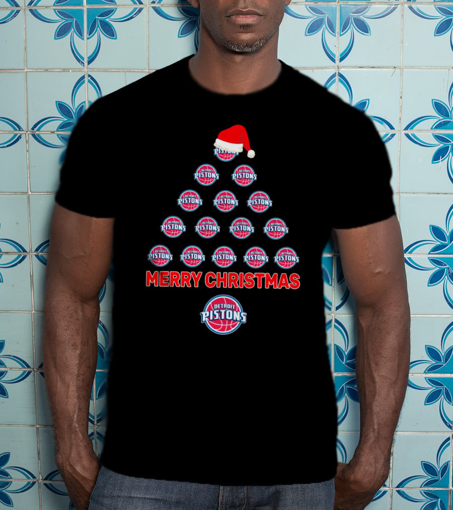 Merry Christmas Detroit Pistons Basketball Tree With Santa Hat T-Shirt