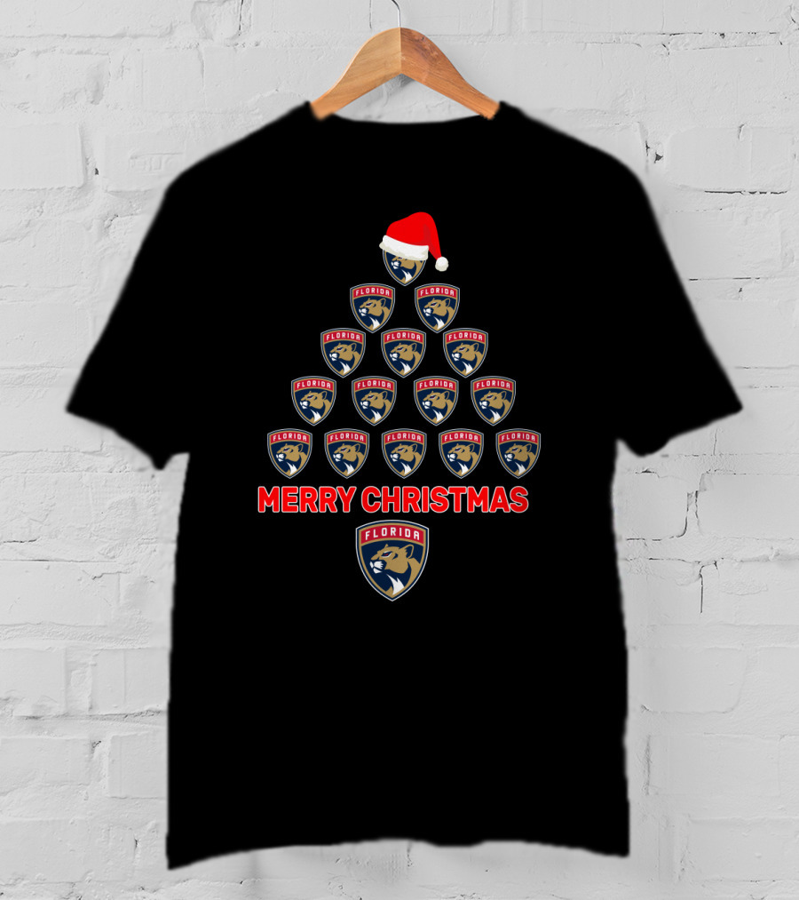 Merry Christmas Florida Panthers Tree With Logos And Santa Hat T-Shirt