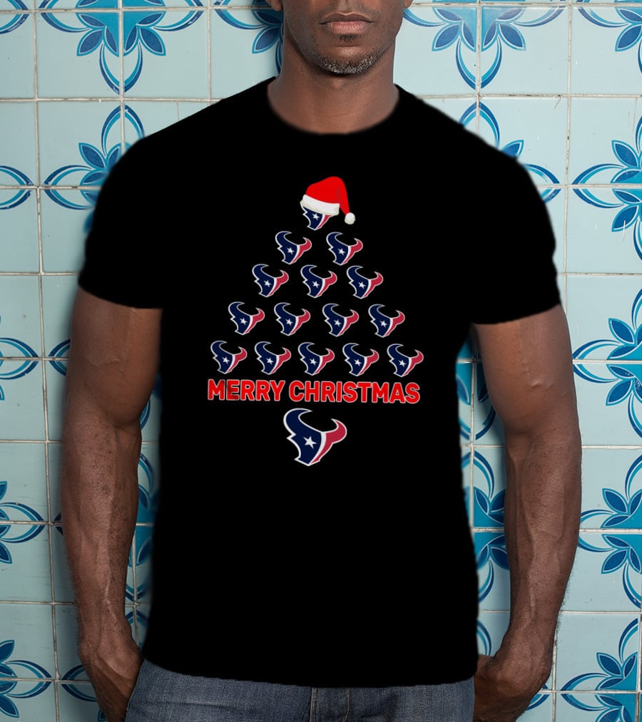 Merry Christmas Tree For Houston Texans Fans With Santa Hat T-Shirt