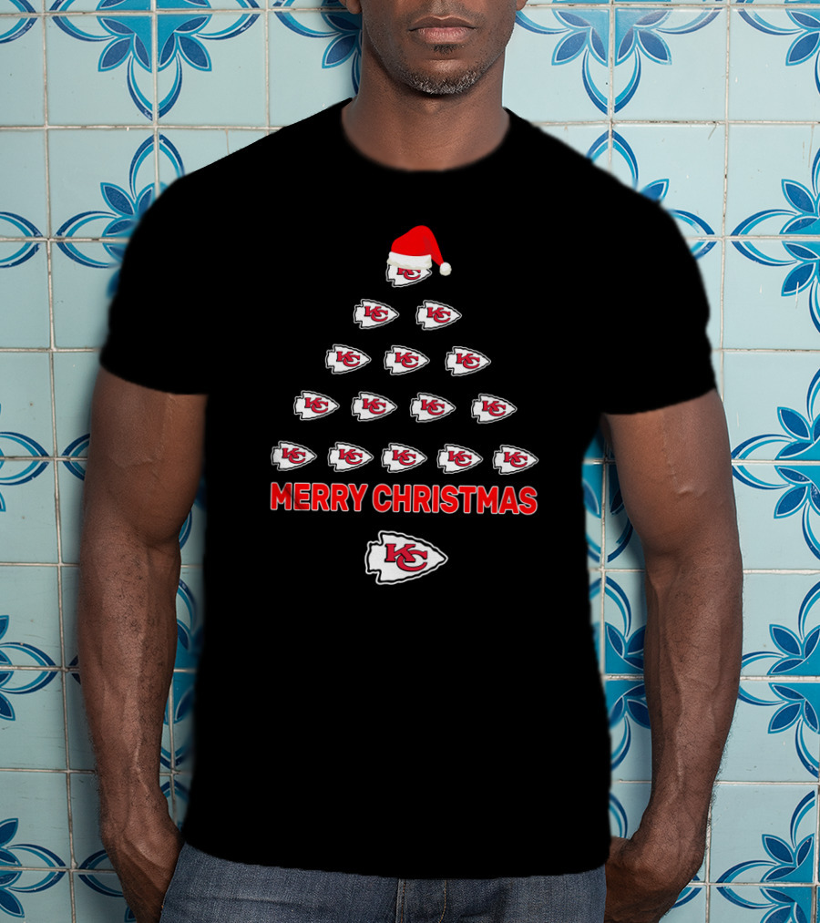 Merry Christmas Kansas City Chiefs Logo Tree With Santa Hat T-Shirt