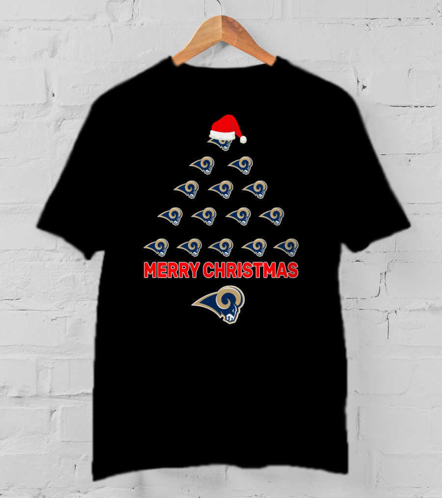 Merry Christmas Los Angeles Rams Holiday Tree With Santa Hat T-Shirt
