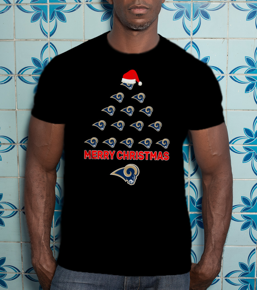 Merry Christmas Los Angeles Rams Holiday Tree With Santa Hat T-Shirt