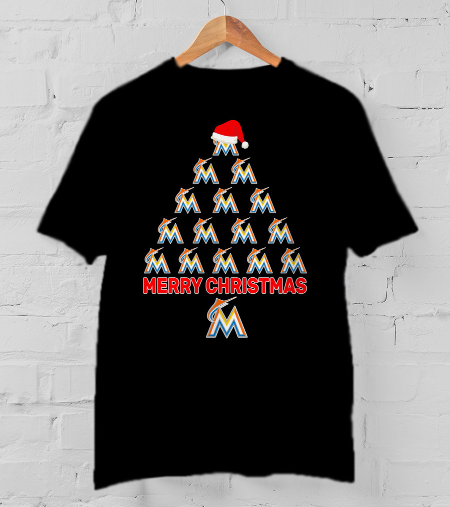 Merry Christmas Miami Marlins Logo Christmas Tree With Santa Hat T-Shirt