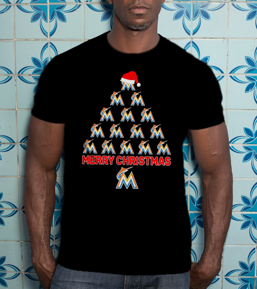 Merry Christmas Miami Marlins Logo Christmas Tree With Santa Hat T-Shirt