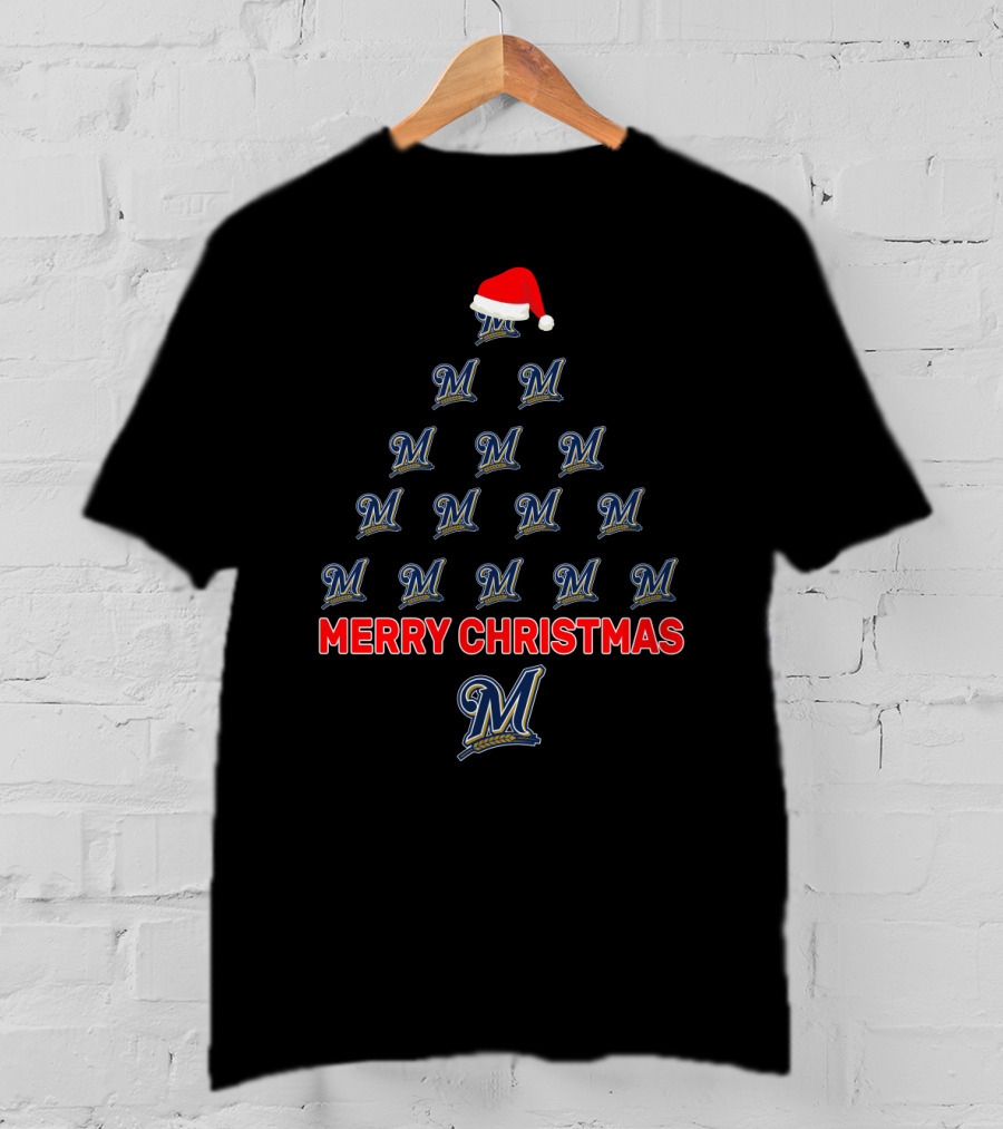 Milwaukee Brewers Merry Christmas Tree With Santa Hat T-Shirt
