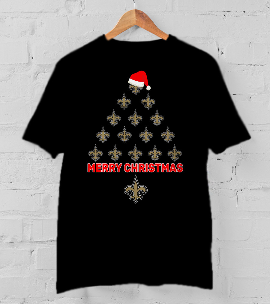 Merry Christmas New Orleans Saints Fans Fleur-De-Lis Tree With Santa Hat T-Shirt