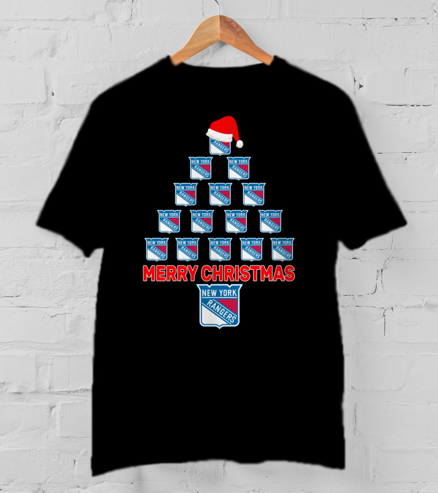 Merry Christmas New York Rangers Tree With Santa Hat T-Shirt