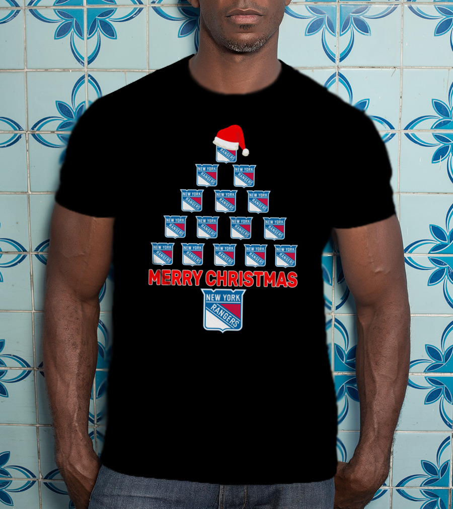 Merry Christmas New York Rangers Tree With Santa Hat T-Shirt