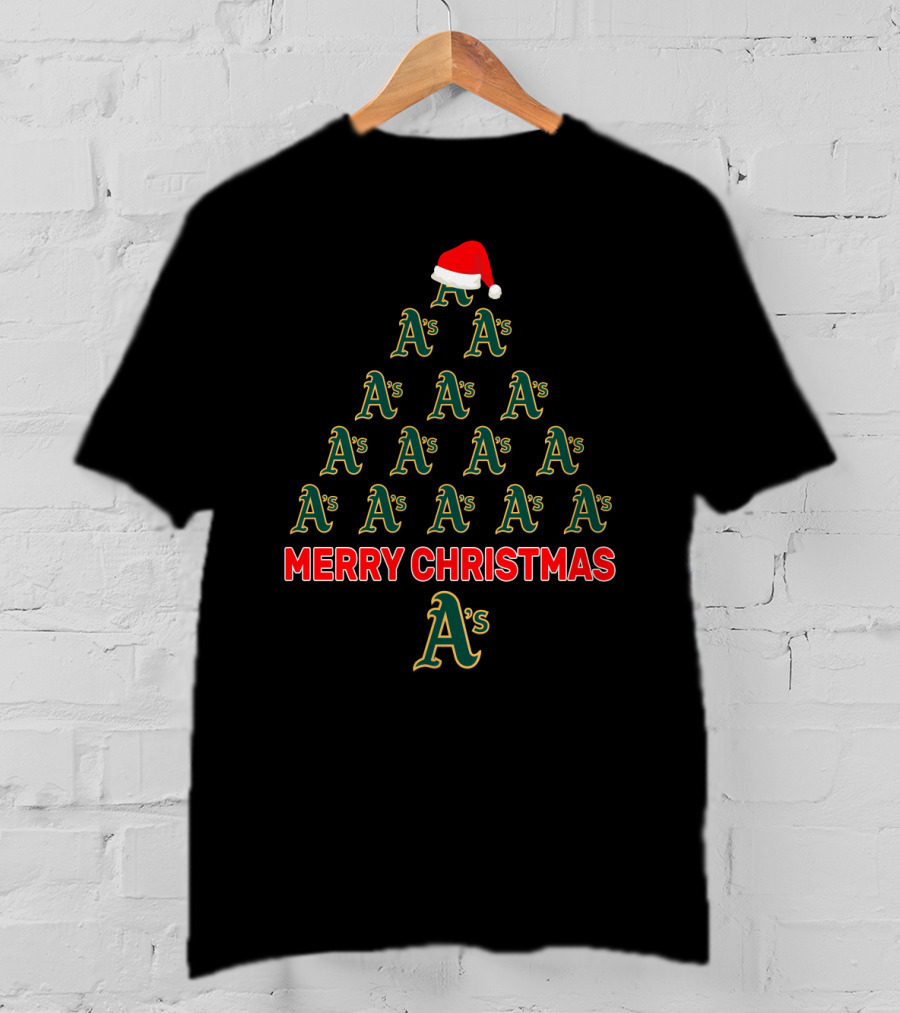 Merry Christmas Oakland Athletics Holiday Tree With Santa Hat T-Shirt