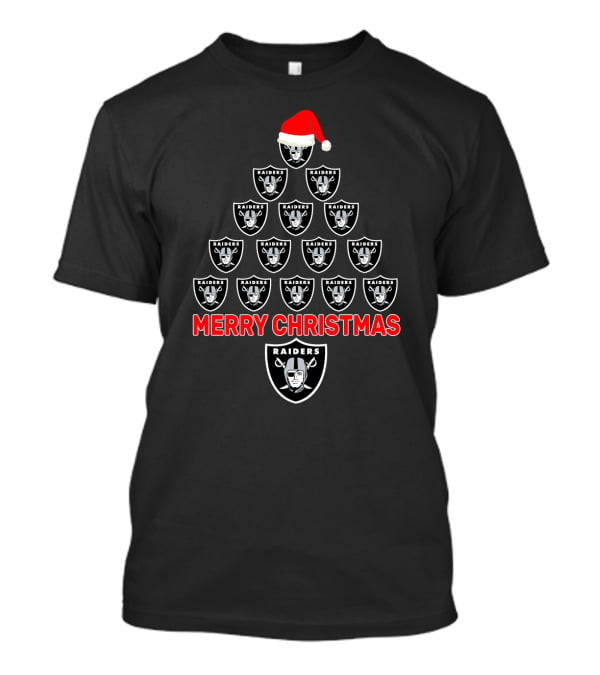 Merry Christmas Tree With Raiders Logos And Santa Hat For Oakland Raiders Fans T-Shirt