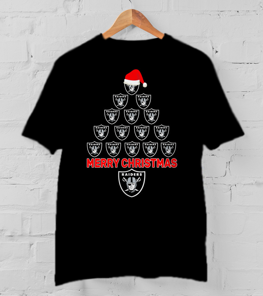 Merry Christmas Tree With Raiders Logos And Santa Hat For Oakland Raiders Fans T-Shirt