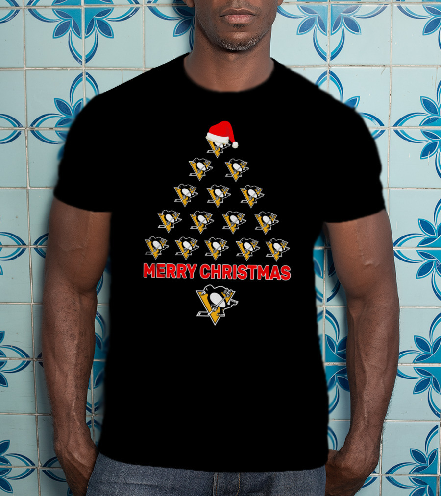Merry Christmas Pittsburgh Penguins Santa Hat Hockey Tree T-Shirt
