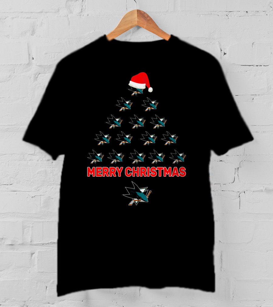 San Jose Sharks Logo Merry Christmas Tree With Santa Hat T-Shirt