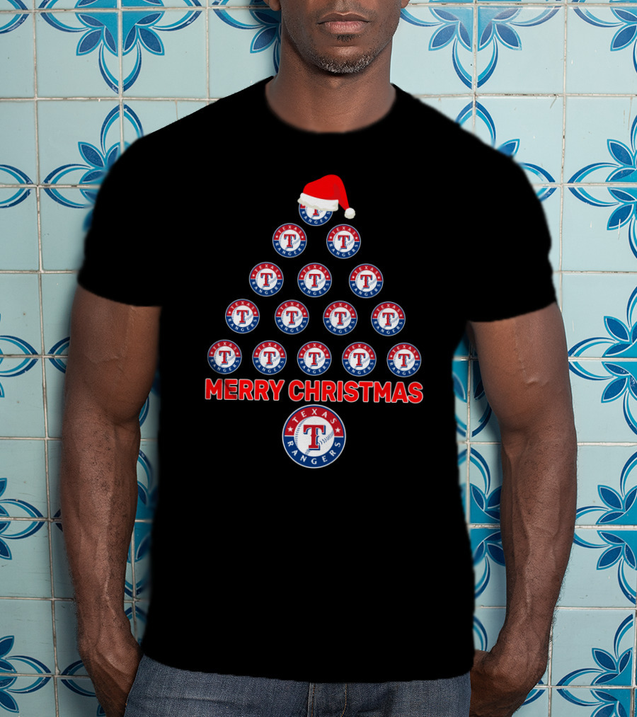 Texas Rangers Merry Christmas Tree With Santa Hat T-Shirt