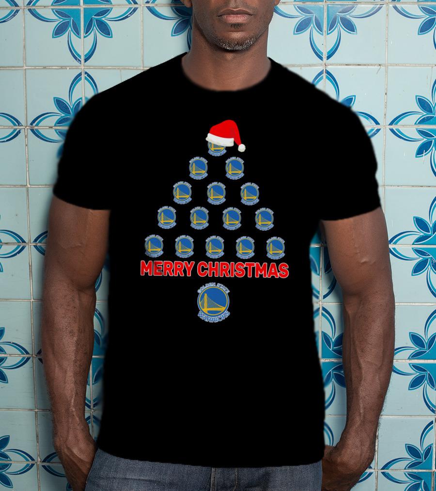 Merry Christmas Golden State Warriors Christmas Tree With Santa Hat T-Shirt