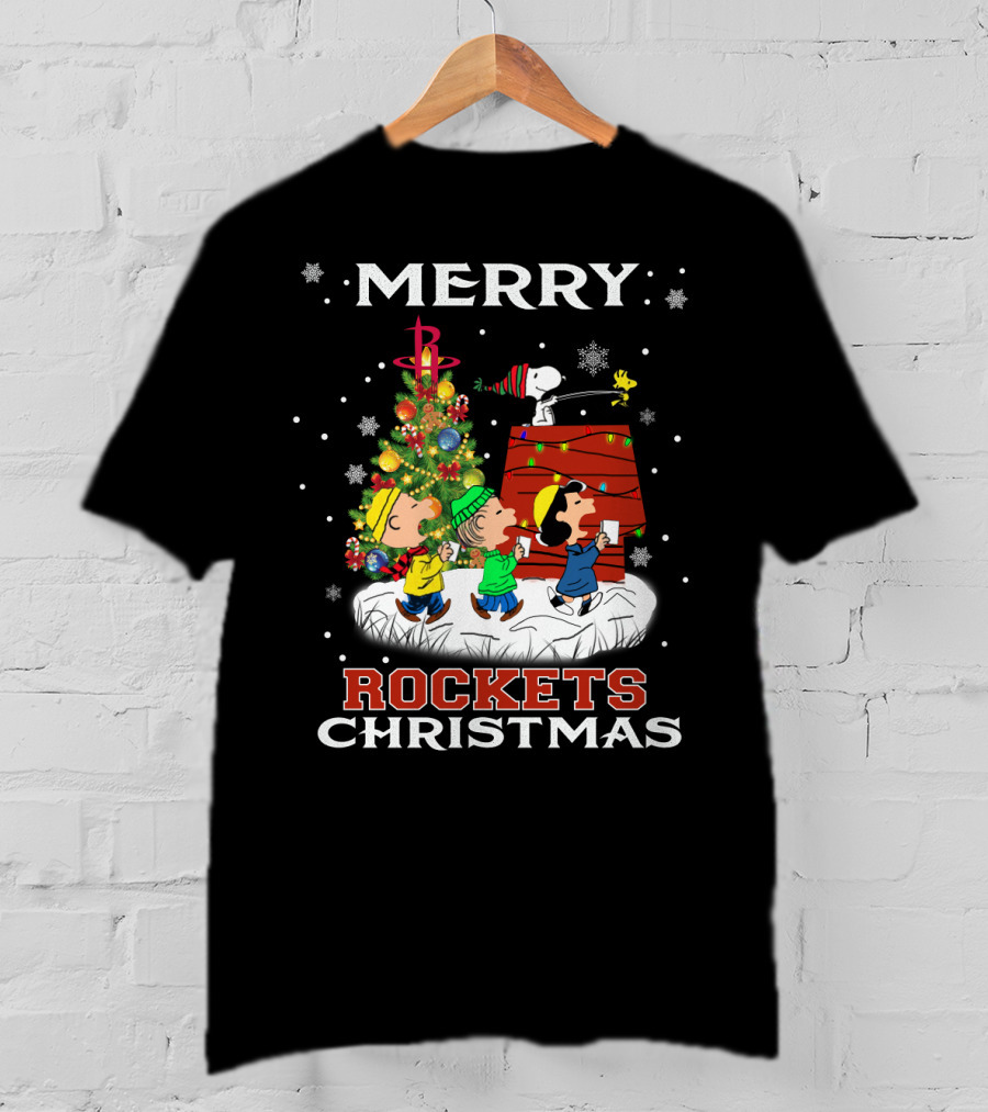 Merry Houston Rockets Christmas Snoopy Friends Peanuts Holiday Tree T-Shirt