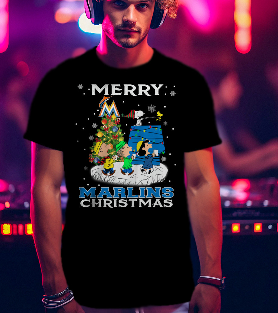 Merry Miami Marlins Christmas With Snoopy And Peanuts Characters T-Shirt