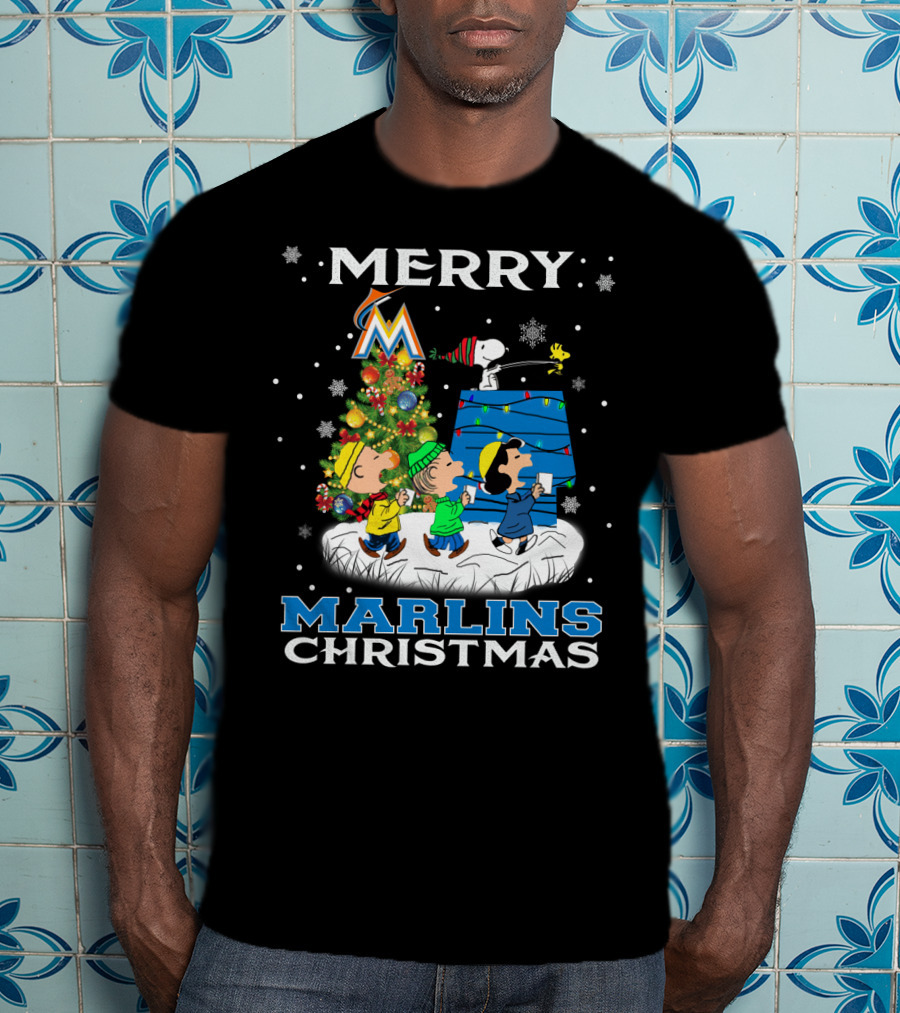 Merry Miami Marlins Christmas With Snoopy And Peanuts Characters T-Shirt
