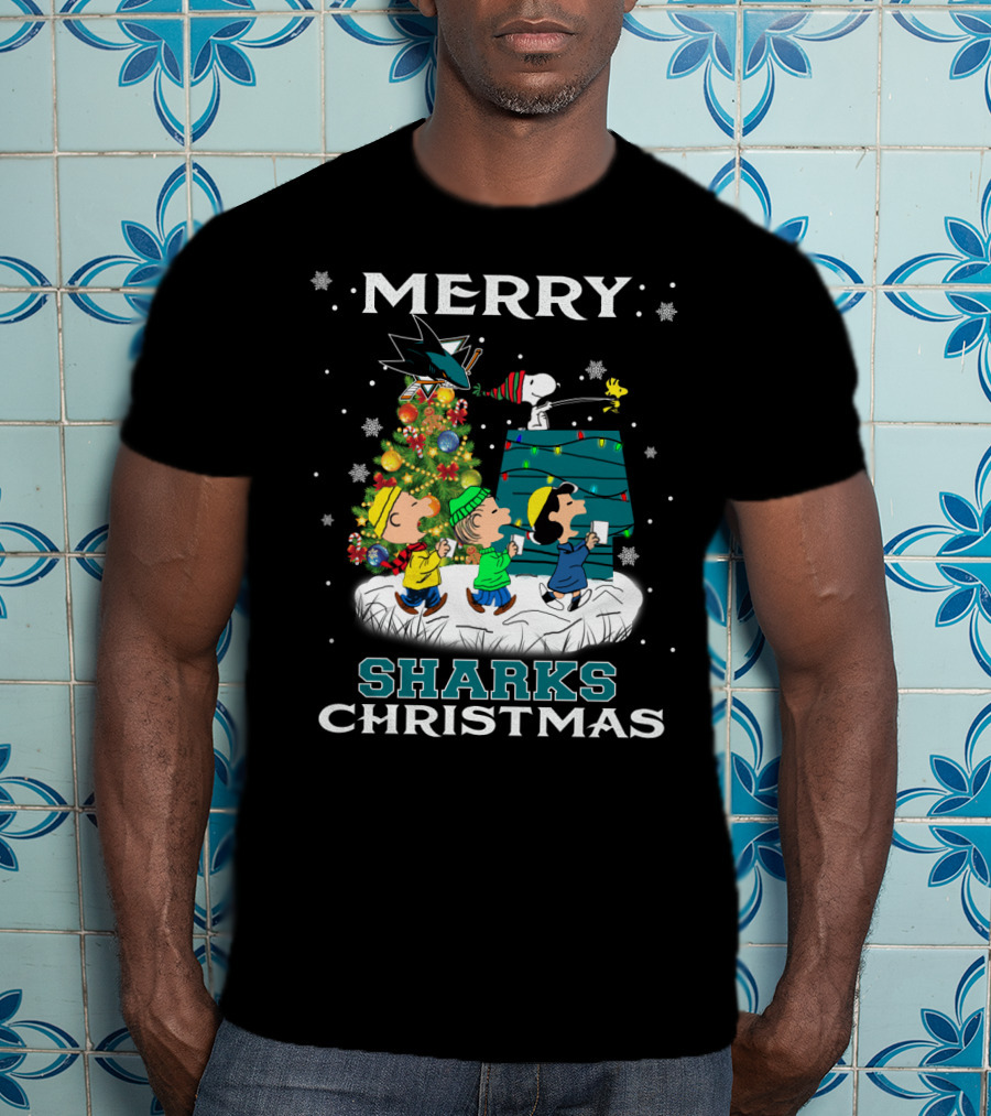 Merry San Jose Sharks Christmas With Snoopy And Peanuts Characters T-Shirt