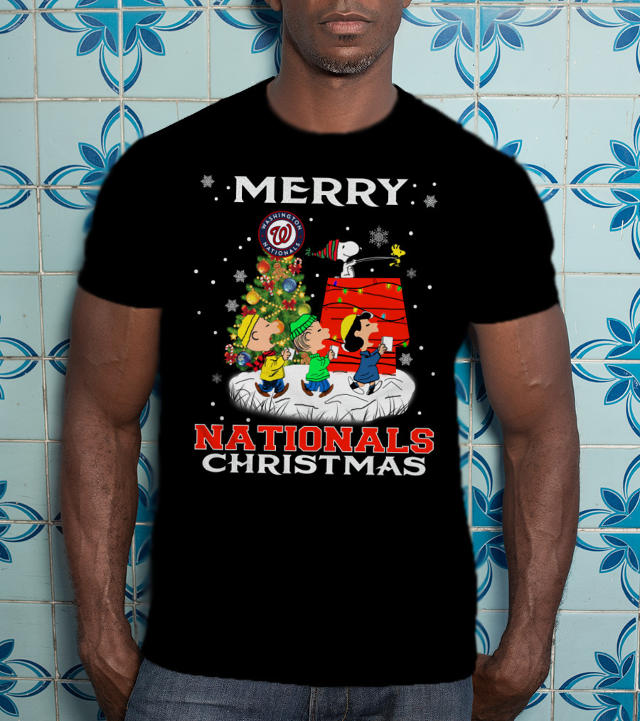 Merry Washington Nationals Christmas Snoopy With Tree And Snowflakes T-Shirt