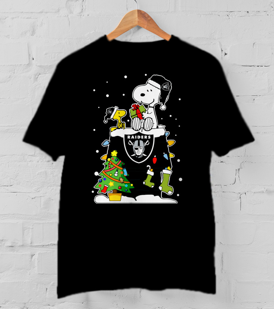 Raiders Snoopy With Christmas Tree And Woodstock T-Shirt