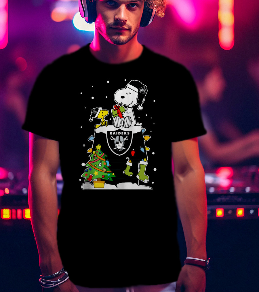 Raiders Snoopy With Christmas Tree And Woodstock T-Shirt