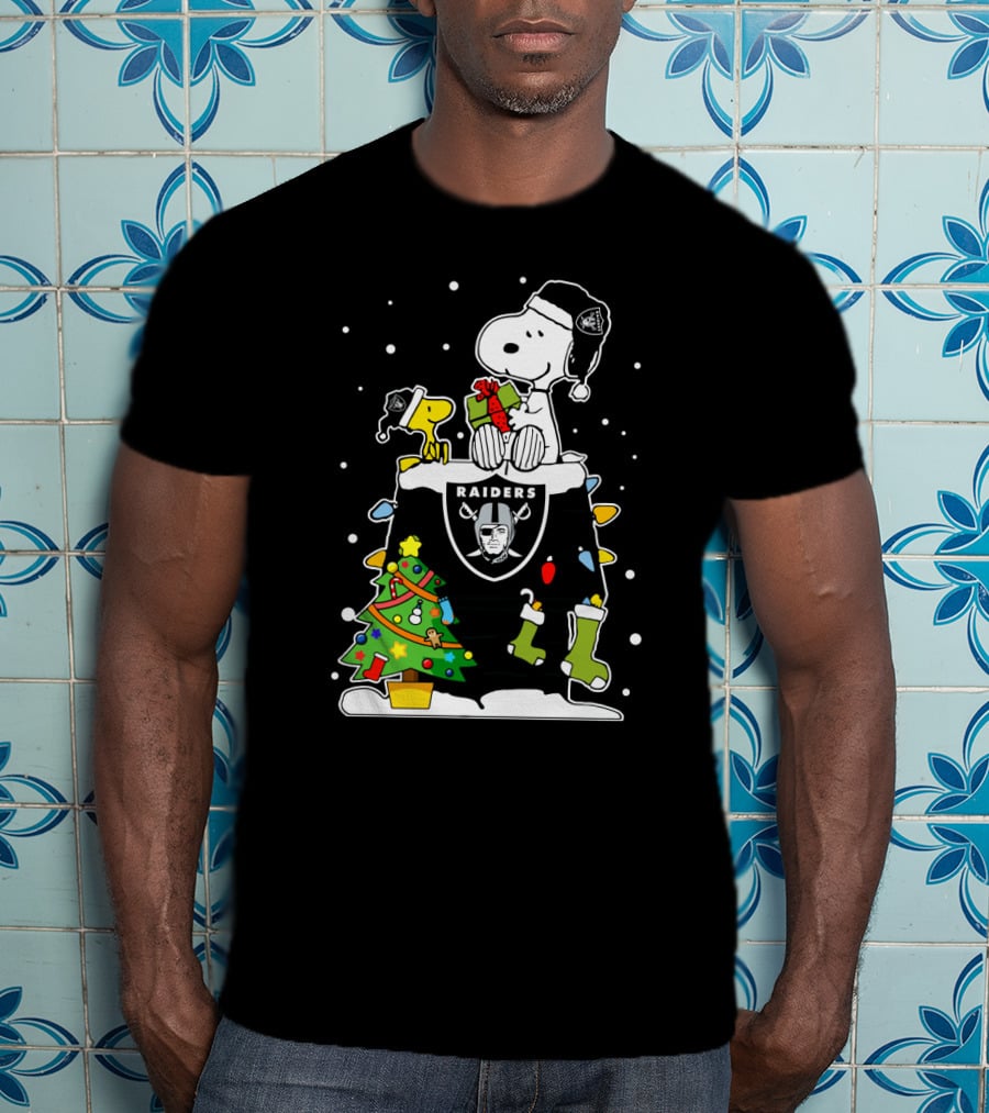 Raiders Snoopy With Christmas Tree And Woodstock T-Shirt