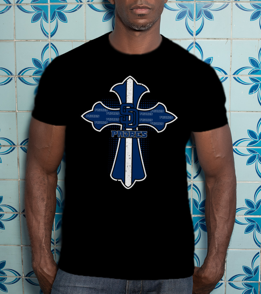 SD Padres Cross With Blue Padres Text T-Shirt