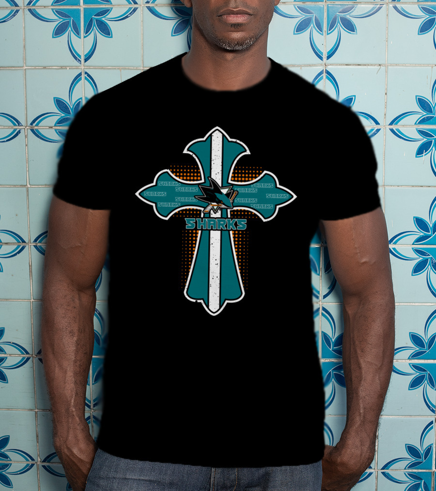 Cross With Sharks Logo For San Jose Fans T-Shirt