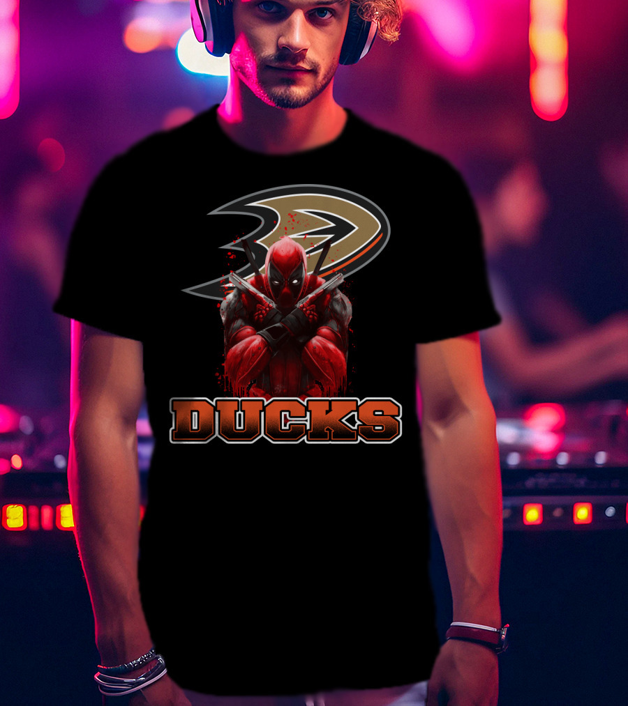 Anaheim Ducks And Deadpool Mashup Featuring Iconic Logo And Comic Character T-Shirt