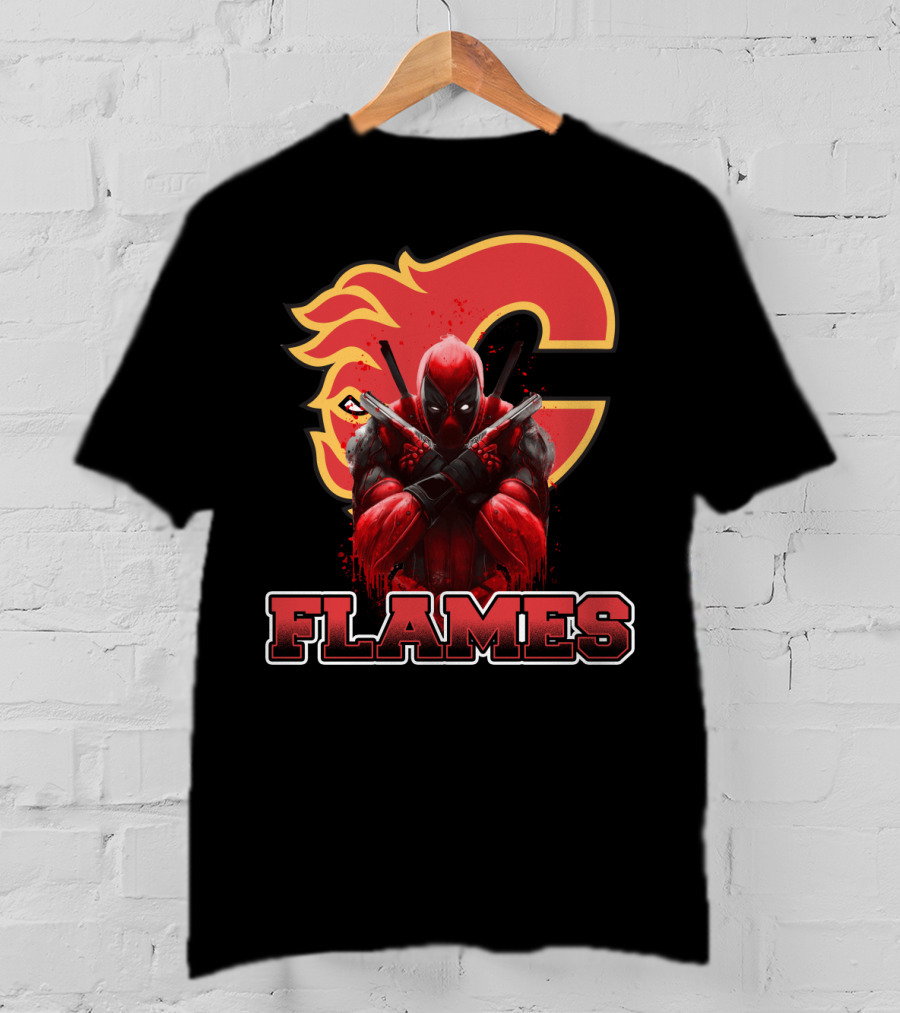 Calgary Flames Crossover With Deadpool Character Fan T-Shirt