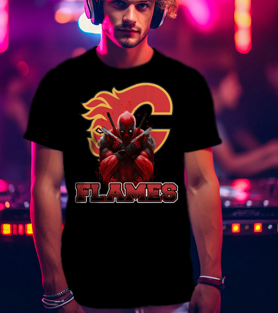 Calgary Flames Crossover With Deadpool Character Fan T-Shirt
