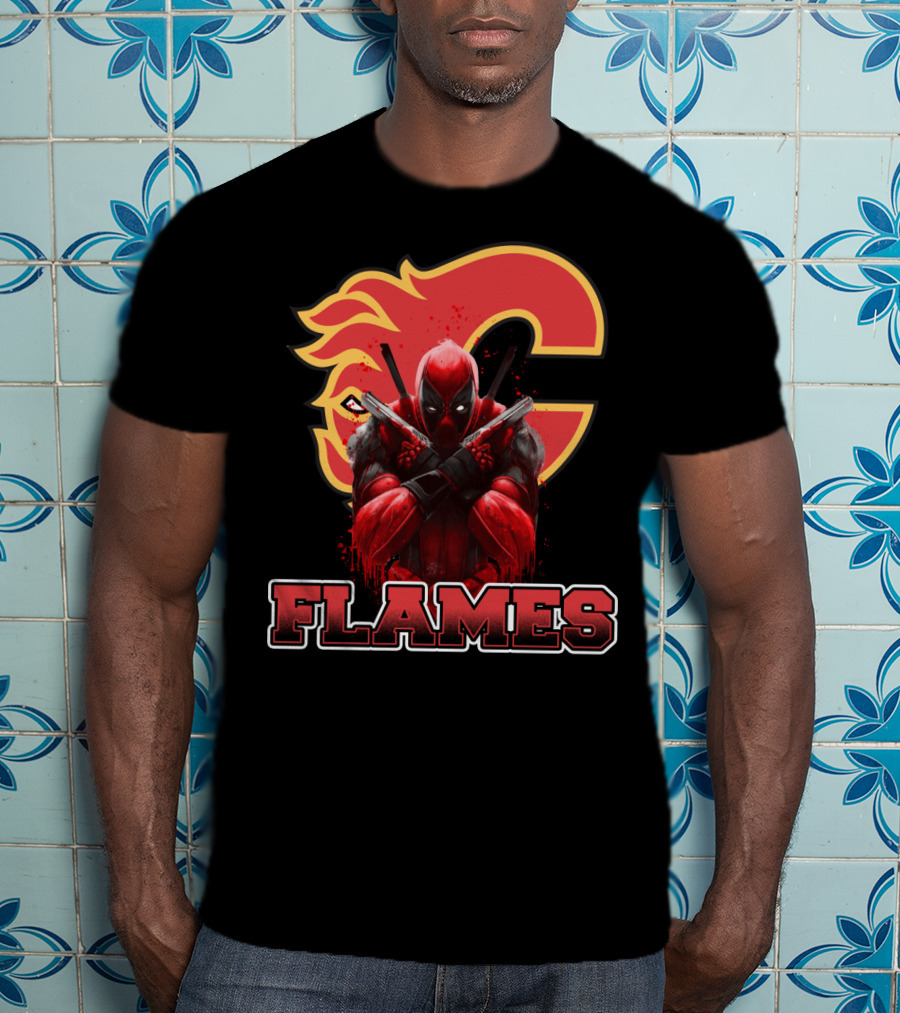 Calgary Flames Crossover With Deadpool Character Fan T-Shirt