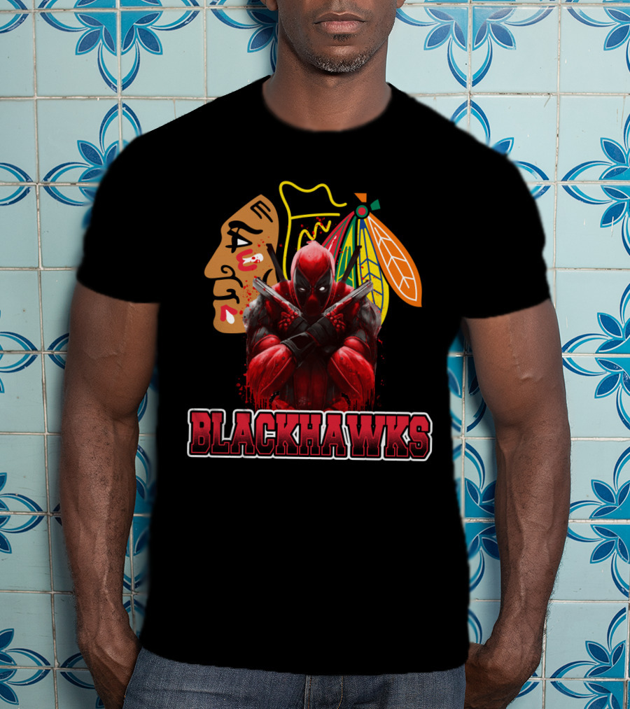 Blackhawks Deadpool Fan Crossover Artwork Featuring Team Logo And Comic Character T-Shirt