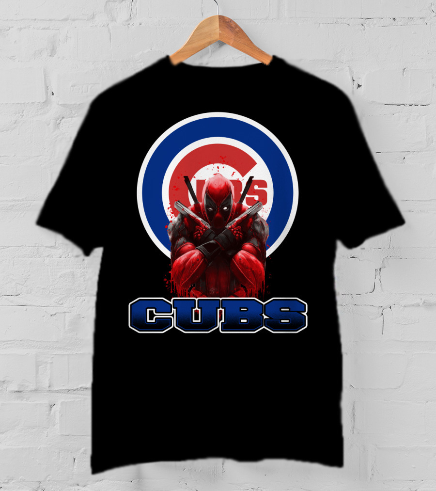 Deadpool With Crossed Swords Over Chicago Cubs Logo CUBS Text T-Shirt