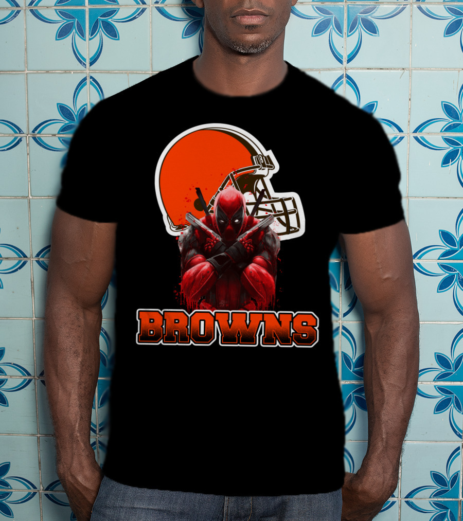 Cleveland Browns And Deadpool Crossover With Iconic Helmet And Character T-Shirt