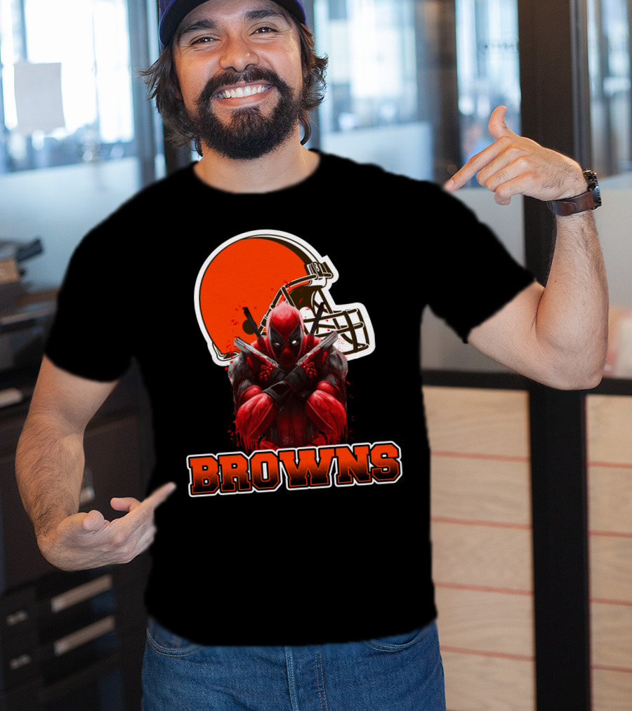 Cleveland Browns And Deadpool Crossover With Iconic Helmet And Character T-Shirt