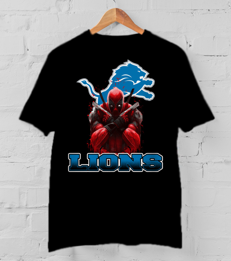 Detroit Lions Deadpool Crossover Fans Blue Lion T-Shirt