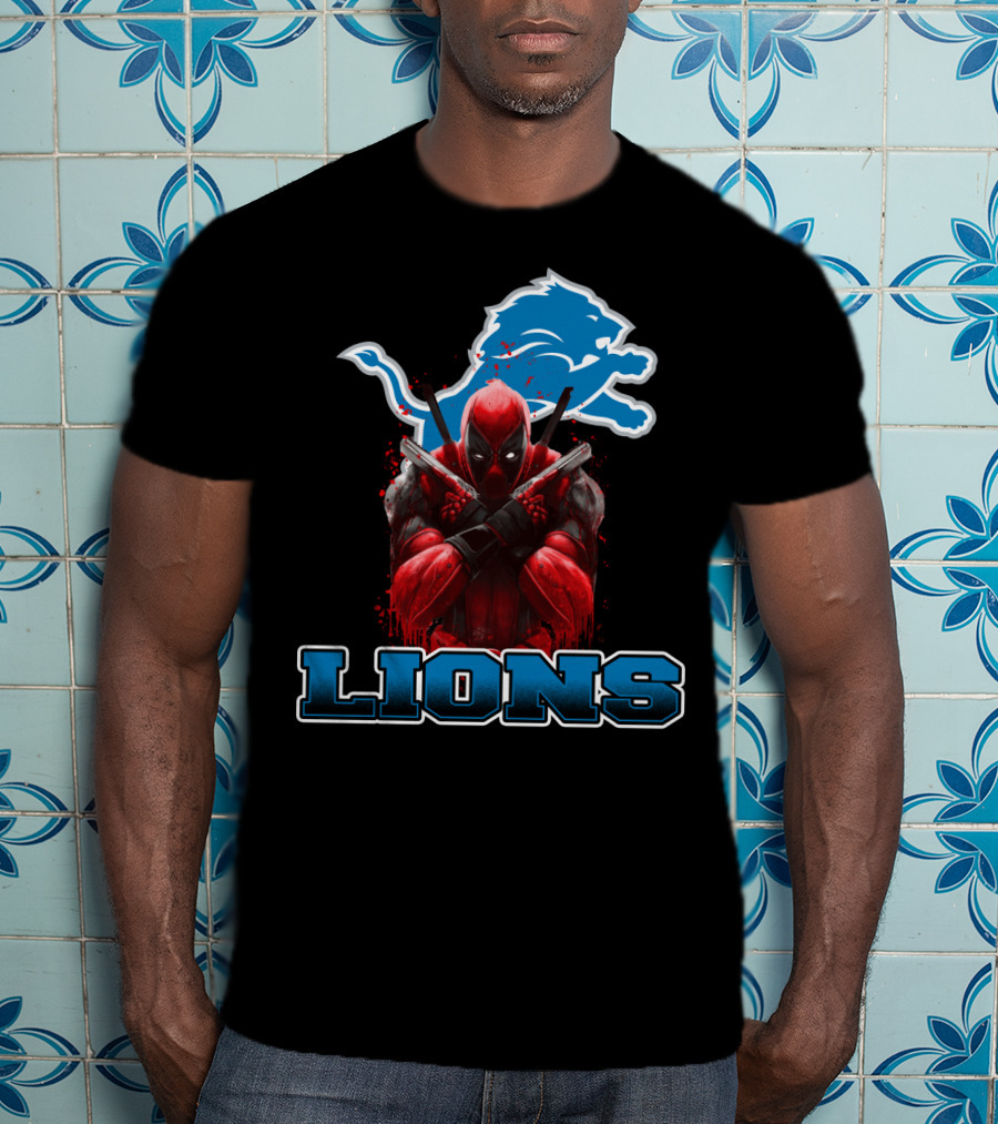 Detroit Lions Deadpool Crossover Fans Blue Lion T-Shirt