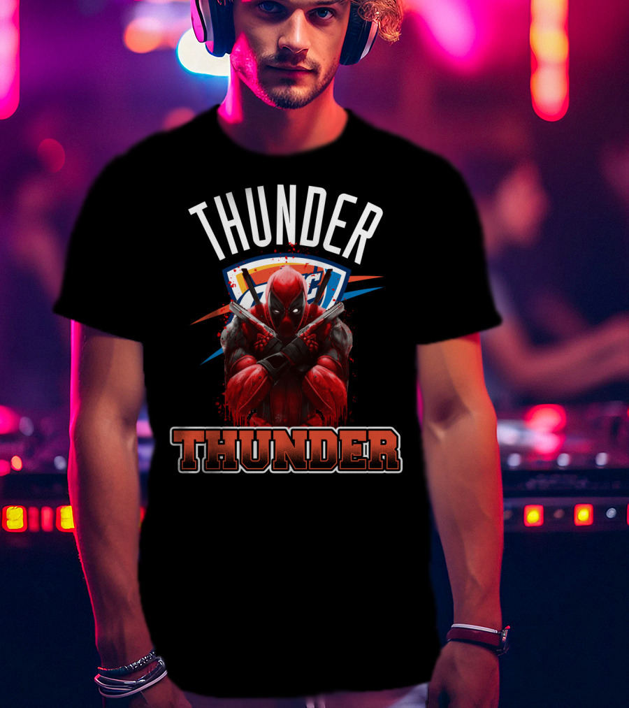 Thunder Crossover With Iconic Marvel Character On Oklahoma City Background T-Shirt
