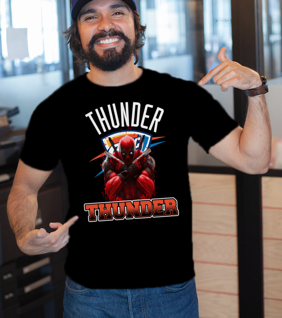 Thunder Crossover With Iconic Marvel Character On Oklahoma City Background T-Shirt