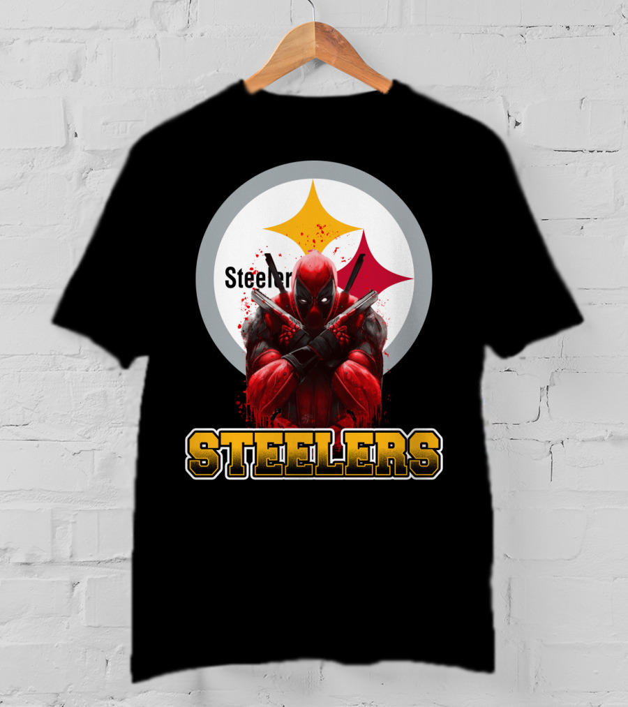 Steelers Deadpool Crossover With Pittsburgh Steelers Logo And Character Pose T-Shirt