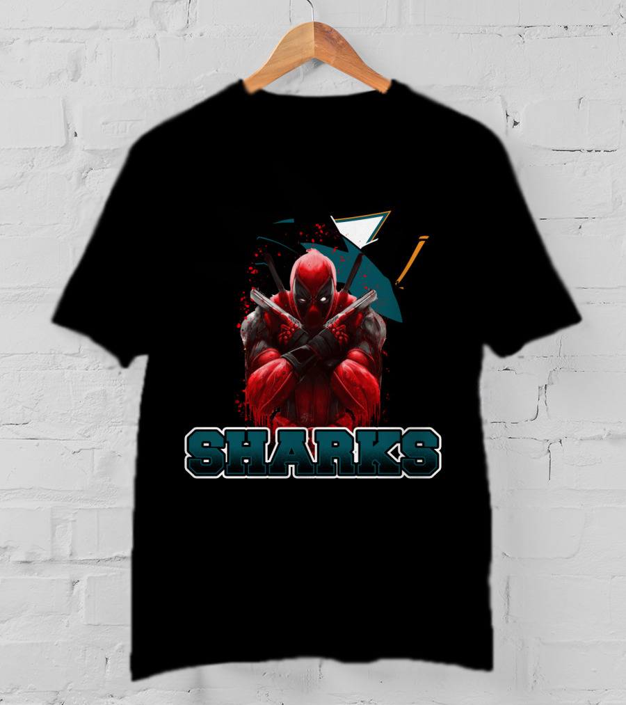 Deadpool With San Jose Sharks Imagery And Text: Sharks T-Shirt