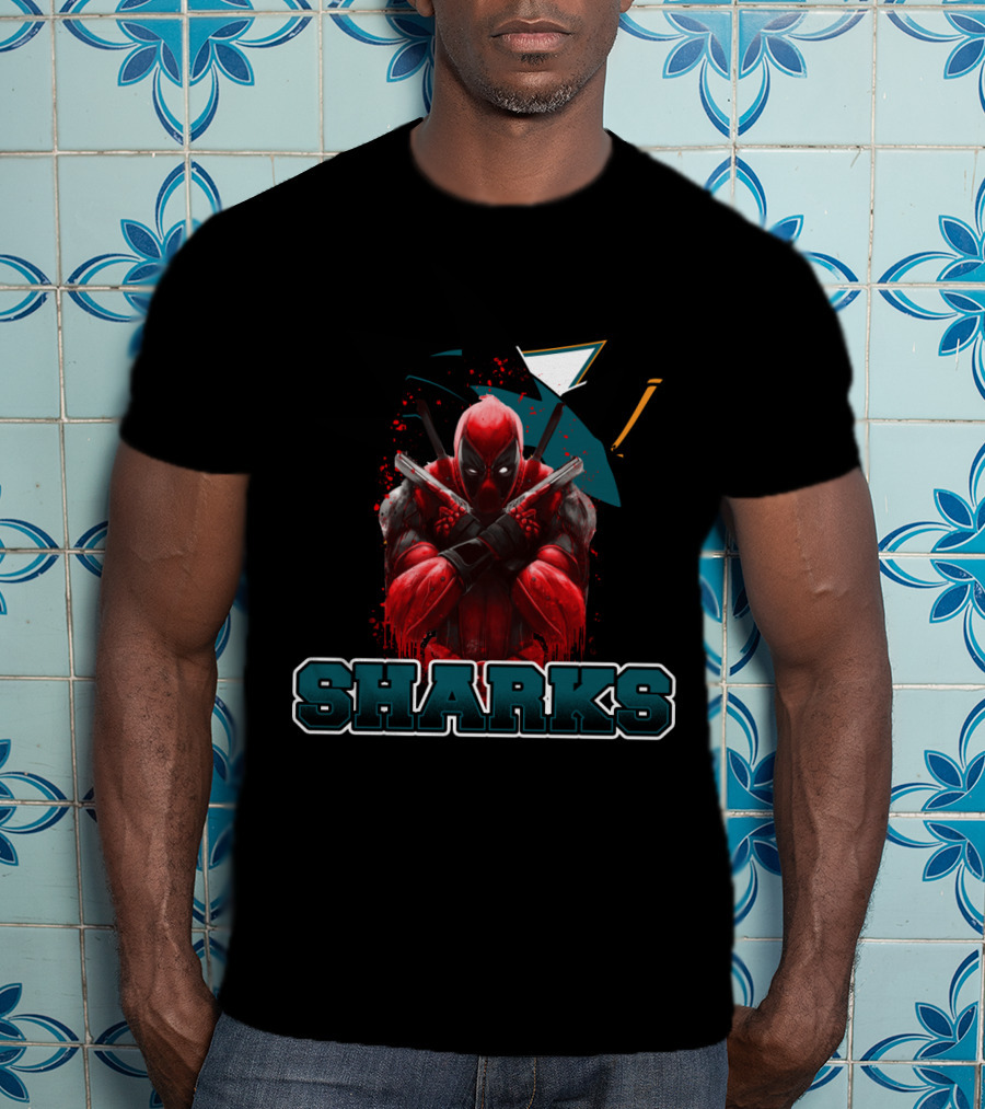 Deadpool With San Jose Sharks Imagery And Text: Sharks T-Shirt